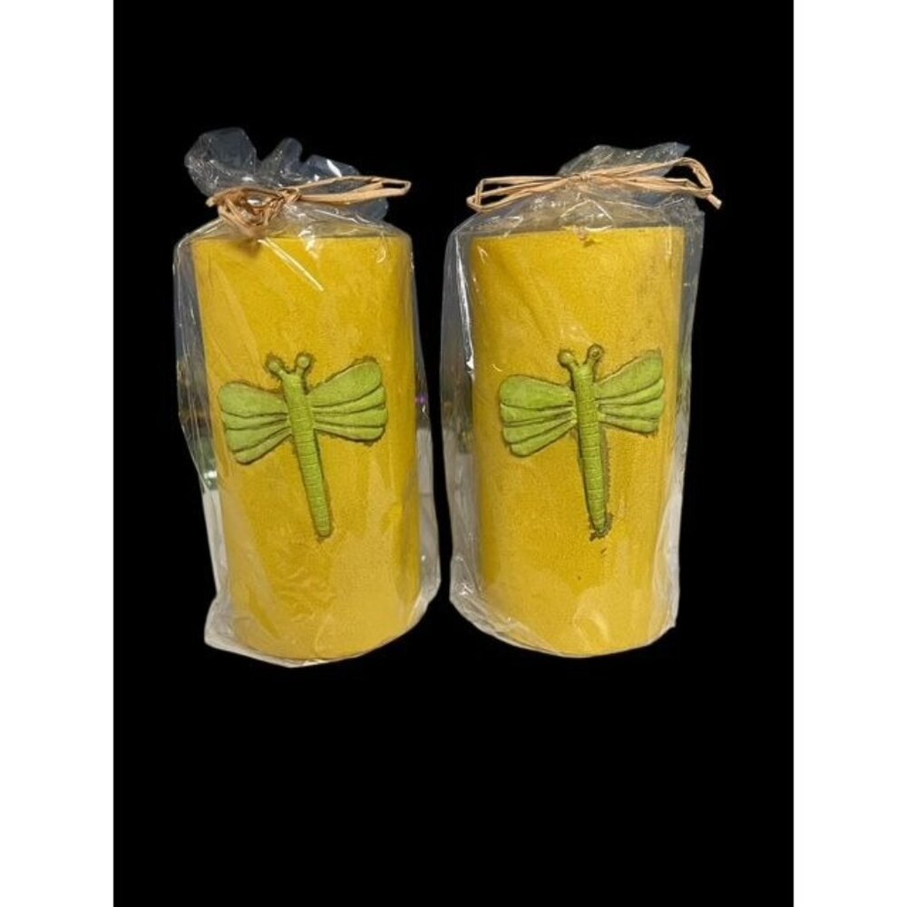 Set of 2 Yellow Dragonfly Pillar Candles – 2.5” x 5” – 3D Decorative Wax – Fanta